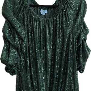 CeCe Dark Green Sequined Peasant Top NWT